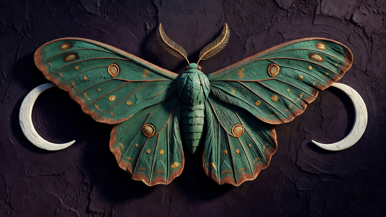 El Guardián del Umbral: polilla escultórica entre dos lunas, sobre pared nocturna